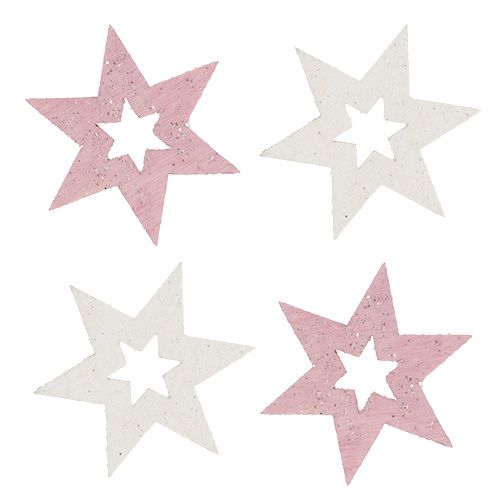 Stella in legno 3,5 cm rosa / bianca con glitter 72 pezzi