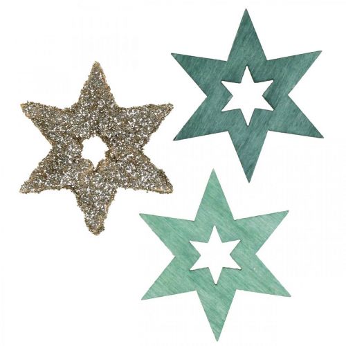 Floristik24 Stella di legno sparsa verde, mix di stelle di Natale glitterate 4 cm 72 pezzi