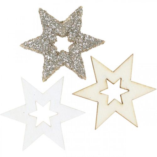 Floristik24 Decorazione a dispersione stella in legno naturale, glitter, bianca 4 cm assortiti 72 pz