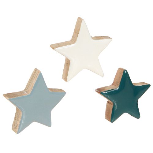Decorazione da tavolo a forma di stelle in legno, stelle bianche, blu e turchesi, 5 cm, 12 pezzi