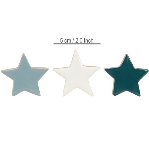 Prodotto Decorazione da tavolo a forma di stelle in legno, stelle bianche, blu e turchesi, 5 cm, 12 pezzi
