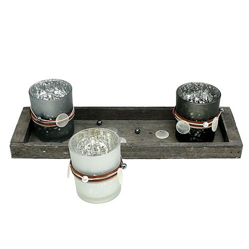 Floristik24 Vassoio in legno con 3 bicchieri tealight grigio, argento