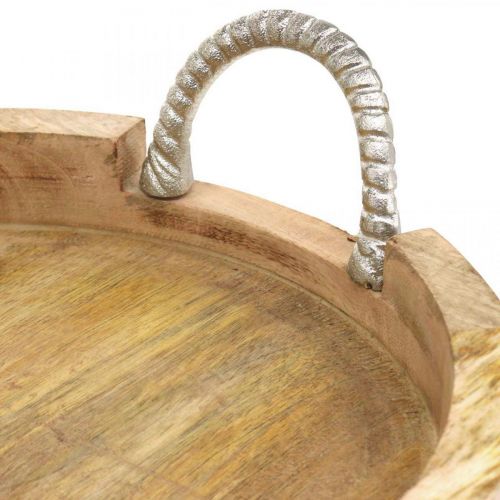 Floristik24 Vassoio con manici in metallo, decoro in legno tondo vero legno, metallo naturale, argento Ø31cm