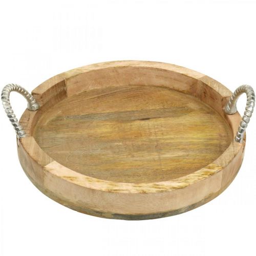 Floristik24 Vassoio con manici in metallo, decoro in legno tondo vero legno, metallo naturale, argento Ø31cm