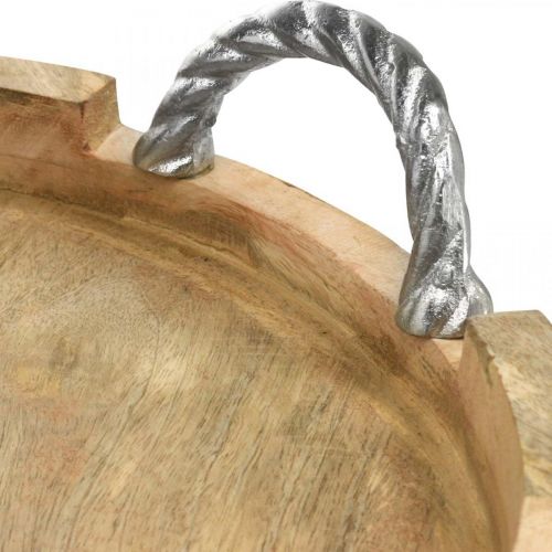 Floristik24 Vassoio in legno con manici, decorazione tavola rotonda in vero legno, metallo naturale, argento Ø40,5cm