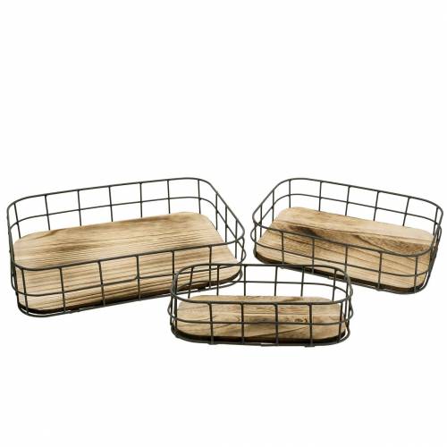 Floristik24 Vassoio in legno con bordo in metallo 45cm 35×25/29×19/42×14cm set da 3