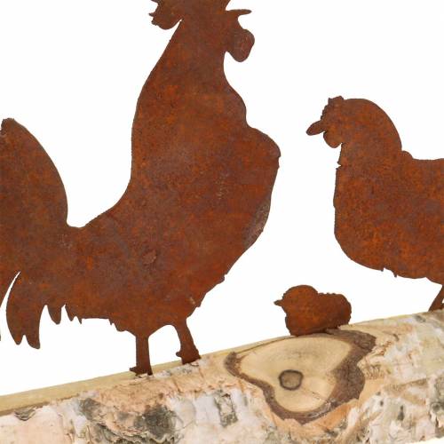 Prodotto Famiglia di pollo ruggine in metallo su base in legno di betulla 32 cm H 15,5 cm