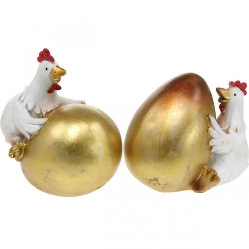 Floristik24 Polli decorativi con uovo di Pasqua, polli di Pasqua, uovo d'oro, decorazione pasquale H12/11cm set di 2
