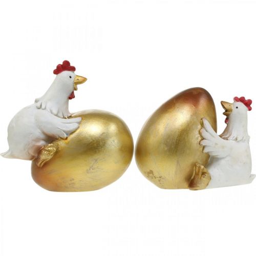 Floristik24 Polli decorativi con uovo di Pasqua, polli di Pasqua, uovo d'oro, decorazione pasquale H12/11cm set di 2