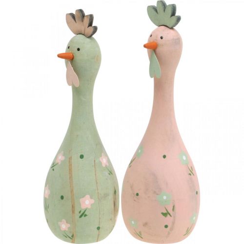 Deco pollo in legno rosa, figura decorativa pasquale verde Ø5cm H15cm 2 pezzi