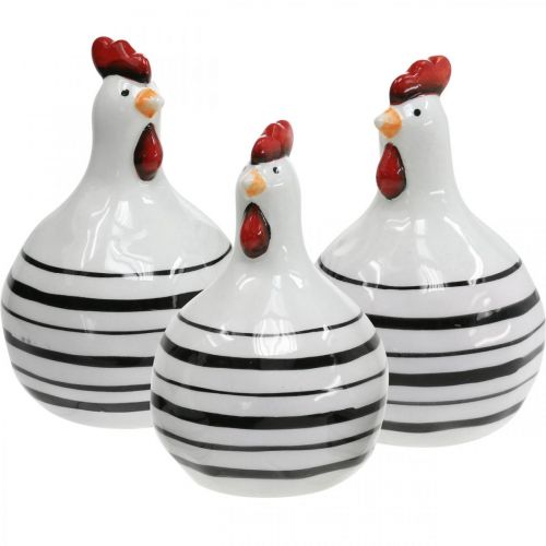 Floristik24 Pollo decorativo in ceramica bianca con strisce nere tonde Ø 7cm H11cm 3pz