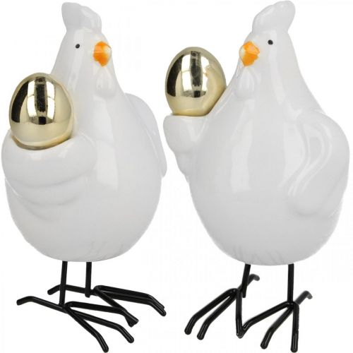 Floristik24 Pollo decorativo con uovo d&#39;oro, porcellana di Pasqua, gallina di Pasqua H12cm 2pz