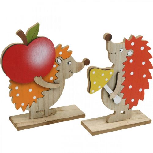 Floristik24 Statuina autunnale, riccio con mela e fungo, decorazione in legno arancione / rosso H24 / 23,5 cm set di 2