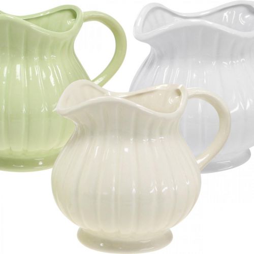 Floristik24 Vaso decorativo, brocca con manico ceramica verde, bianco, crema H14,5cm 3pz