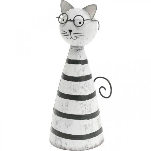 Gatto con occhiali, figura decorativa da posizionare, figura di gatto in metallo bianco e nero H16cm Ø7cm