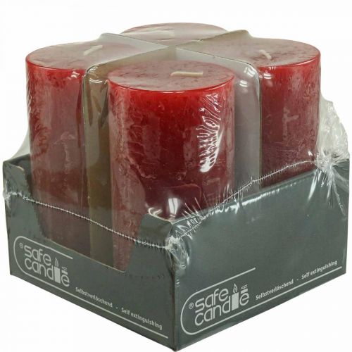 Floristik24 Candele colorate solide rosse rustiche autoestinguenti 70×140mm 4 pz