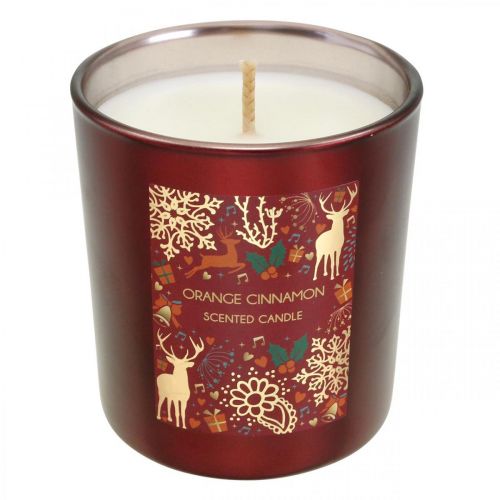 Candela profumata Natale arancio, candela cannella vetro rosso Ø7/ H8cm
