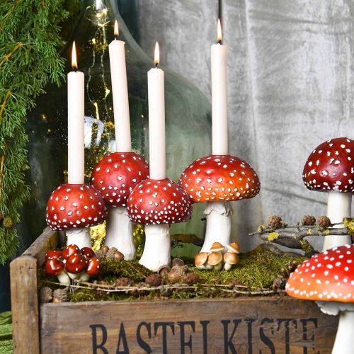 Floristik24 Portacandele Toadstool rosso, bianco Per 4 candele a bastoncino 28,5 × 17 × 16 cm