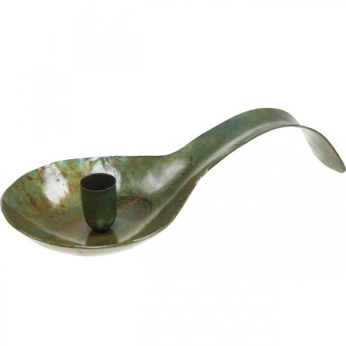 Candeliere cucchiaio in metallo aspetto antico con patina 25x11x5cm