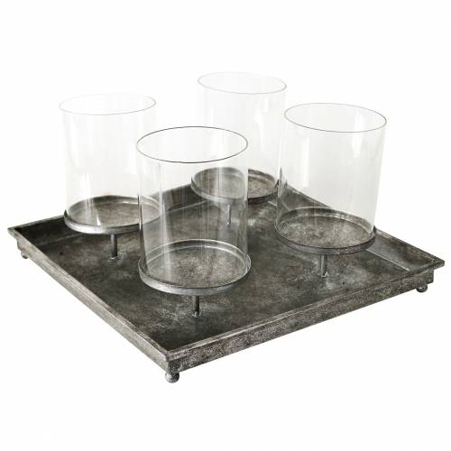 Vassoio dell&#39;Avvento con 4 portacandele 40×40 cm aspetto antico metallo/vetro argento
