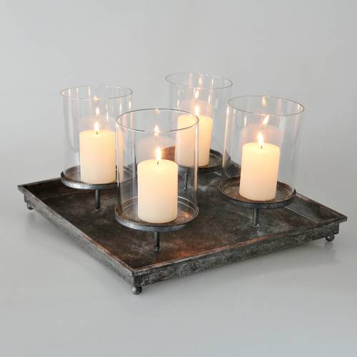 Floristik24 Vassoio dell&#39;Avvento con 4 portacandele 40×40 cm aspetto antico metallo/vetro argento