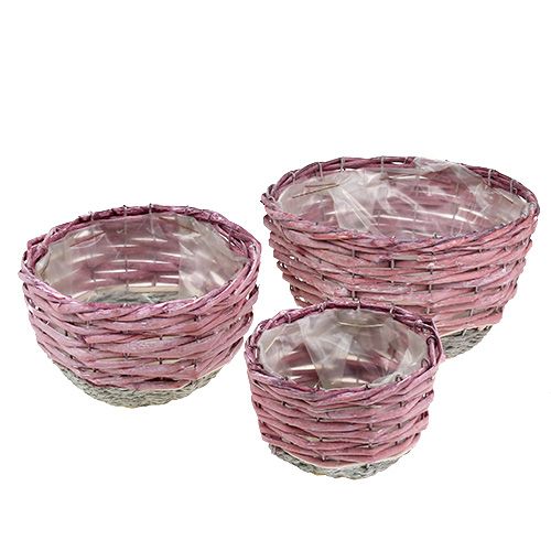 Floristik24 Set di 3 cestini rotondi Ø14cm - 24cm rosa, naturale