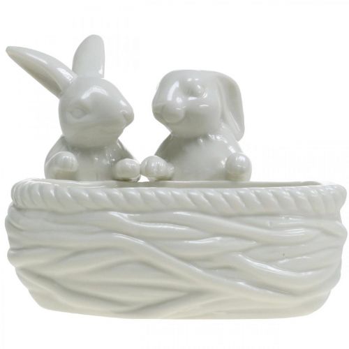 Prodotto Conigli con nido, decorazione da tavola, nido pasquale, decorazione in porcellana, ciotola decorativa bianca L15cm H11cm