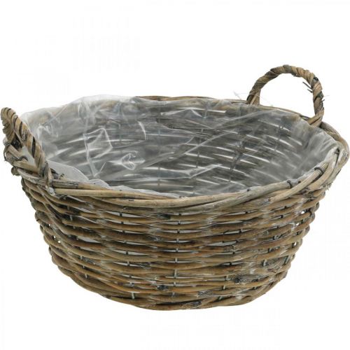 Cesto con manici, fioriera, conchiglia in vimini naturale, bianco lavato H15cm Ø35cm