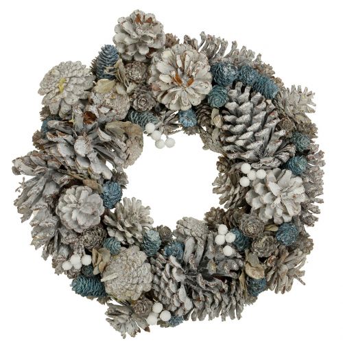 Floristik24 Corona di coni con glitter bianco, blu, naturale Ø32cm