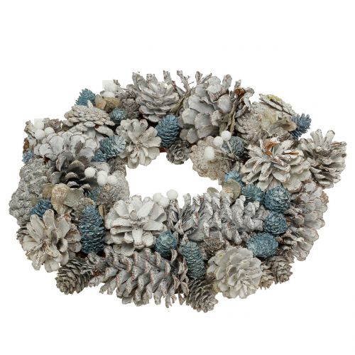 Floristik24 Corona di coni con glitter bianco, blu, naturale Ø32cm