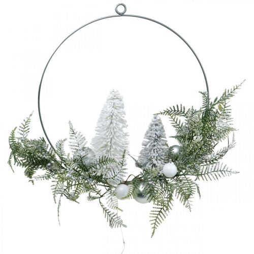 Ghirlanda illuminata con abeti e palline, Avvento, decorazione invernale da appendere, anello decorativo LED argento W45cm Ø30cm
