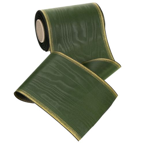 Prodotto Nastro per ghirlanda moiré, 150 mm, verde scuro con bordo perlato dorato, trama in taffetà, rotolo da 25 m per decorazione e design