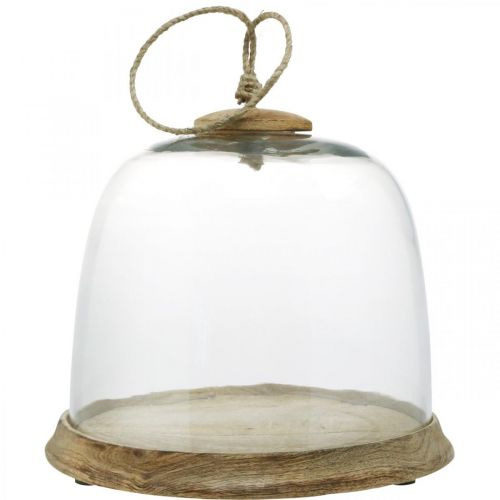 Campana in vetro con piatto in legno, campanella per dolci  con manico in juta H19cm Ø22,5cm-02151