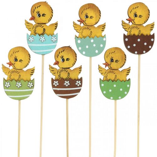 Prodotto Pulcino decorativo pasquale in uovo figura decorativa in legno su bastone Pasqua 7 cm 12 pz