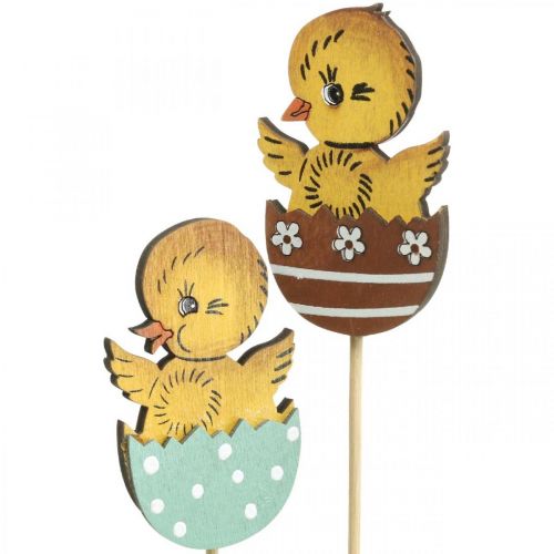 Prodotto Pulcino decorativo pasquale in uovo figura decorativa in legno su bastone Pasqua 7 cm 12 pz