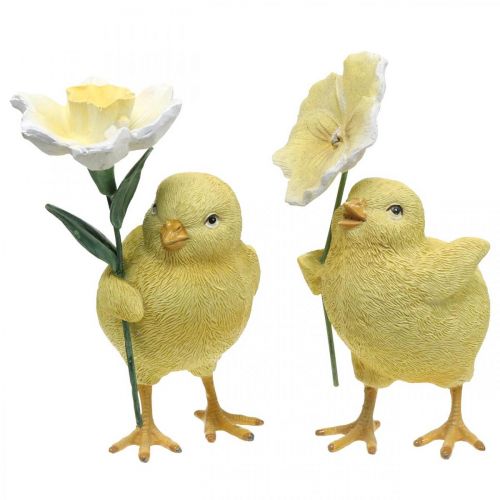 Buona Pasqua pulcini, pulcini con fiori, decorazioni per la tavola di Pasqua, pulcini decorativi H11/11,5 cm, set di 2