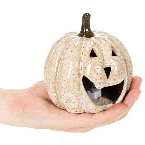 Zucca decorativa in ceramica con LED e faccina sorridente, 13 cm | Floristik24.it