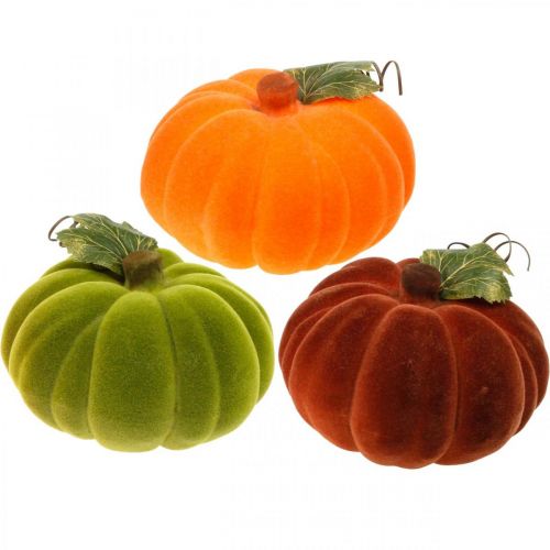 Zucca decorativa floccata mix arancione, verde, rosso decorazione autunnale 16 cm 3 pz