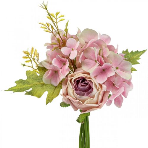 Bouquet artificiale, bouquet di ortensie con rose rosa 32cm