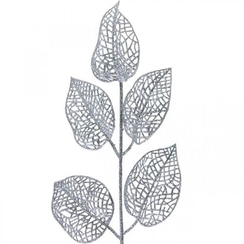 Floristik24 Piante artificiali, decorazione di rami, foglia decorativa glitter argento L36cm 10 pz