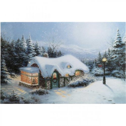 Floristik24 Immagine LED Paesaggio invernale di Natale con casa Murale LED 58x38cm