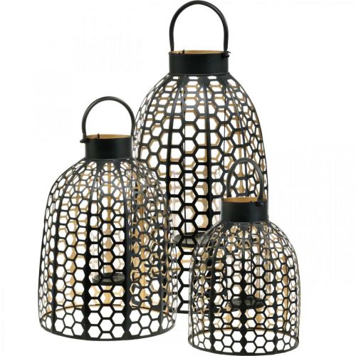 Lanterna in metallo nero portacandele grande H52/40/30cm set di 3