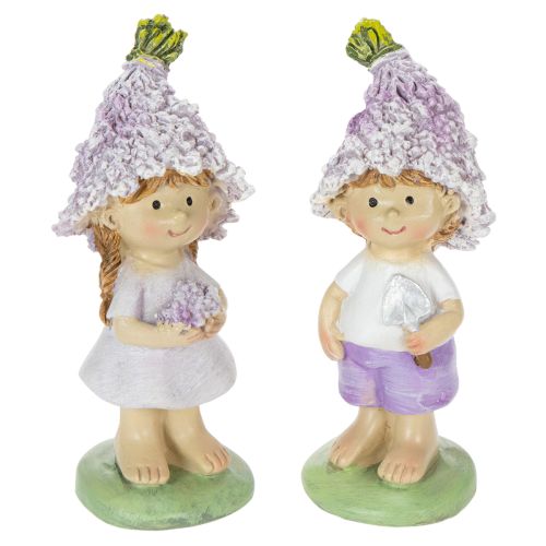 Floristik24 Statuetta decorativa raffigurante un bambino e una bambina in un vaso di lavanda, ideale per soggiorno e giardino, 10 cm, 2 pezzi.