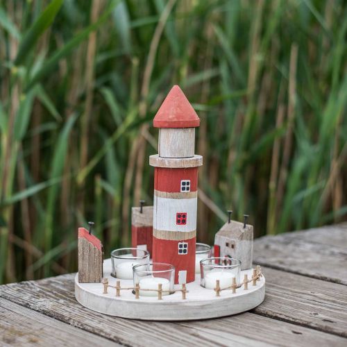 Floristik24 Portacandele faro rosso, bianco 4 candeline Ø25cm H28m