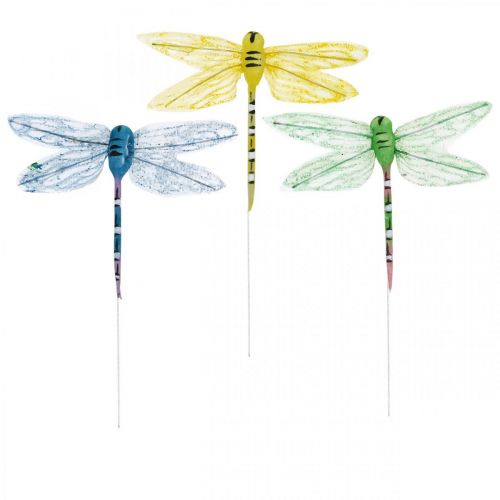 Floristik24 Decorazione estiva, libellule su filo, insetti decorativi gialli, verdi, blu L10,5 cm 6 pezzi