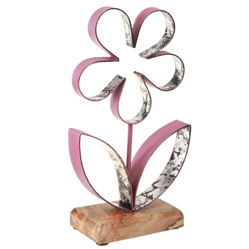 Prodotto Decorazione in metallo Fiore su base in legno Rosa antico Argento H29cm