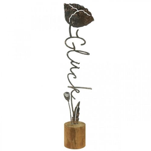 Supporto in legno con fiore decorativo in metallo scritta &quot;Happiness&quot; H40cm