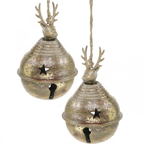 Floristik24 Campane di metallo con decorazione di renne, decorazione dell'Avvento, campana di Natale con stelle, campanelle d'oro aspetto antico Ø9cm H14cm 2 pezzi