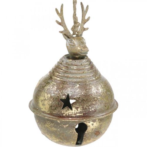 Floristik24 Campane di metallo con decorazione di renne, decorazione dell'Avvento, campana di Natale con stelle, campanelle d'oro aspetto antico Ø9cm H14cm 2 pezzi