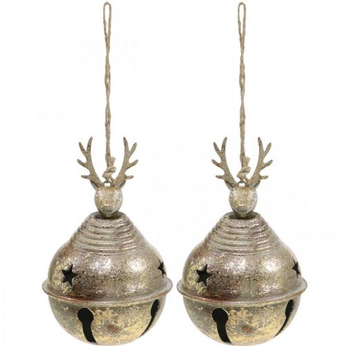 Campane di metallo con decorazione di renne, decorazione dell'Avvento, campana di Natale con stelle, campane d'oro aspetto antico Ø9cm H14cm 2 pezzi